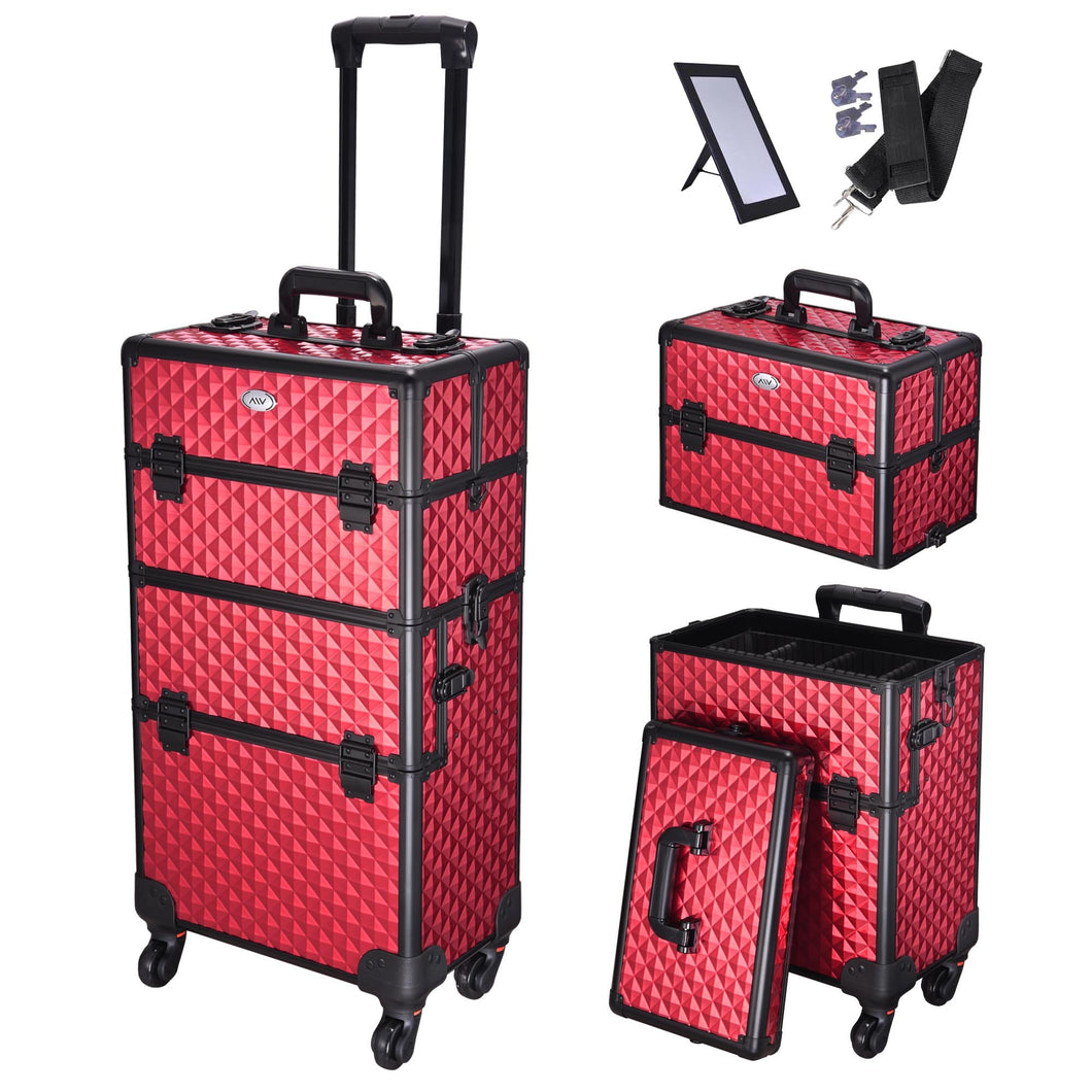 AW Rolling Aluminum Makeup Cosmetic Train Case 2in1 4Wheel Red