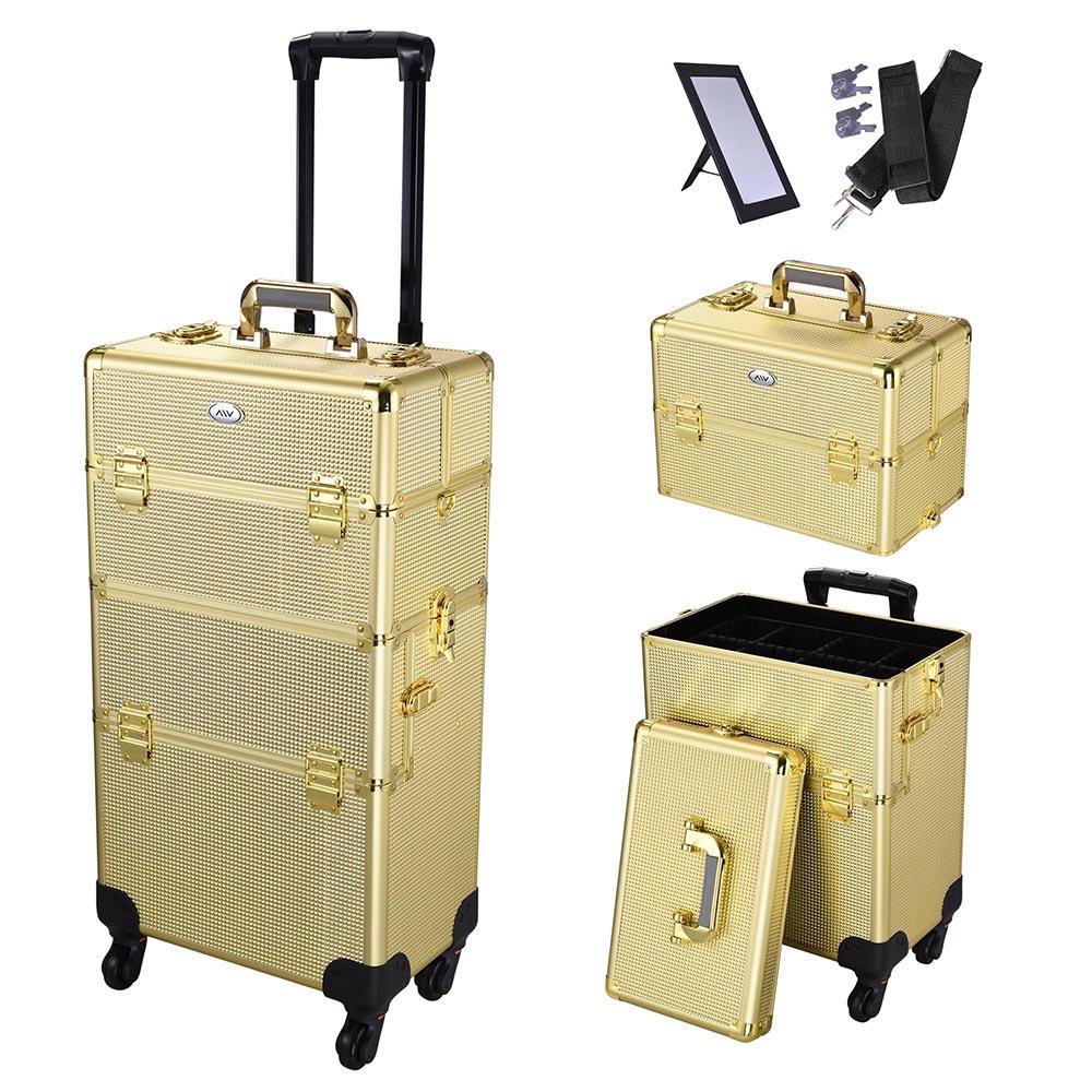 AW Rolling Aluminum Makeup Cosmetic Train Case 2in1 4Wheel Golden