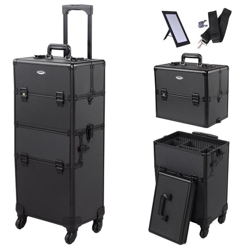 2in1 4 Wheel Pro Aluminum Rolling Makeup Cosmetic Train Case Lockable