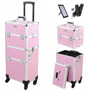 14x9x29" 2In1 Pink 4 Wheel Rolling Aluminum Makeup Artist Lockable