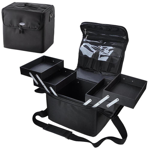 210D Black Soft Makeup Train Bag Case Pockets Artist Cosmetic Handbag