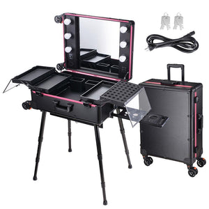 Rolling Makeup Case 27x18x9" with LED Light Mirror Adjustable Legs