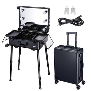 Rolling Makeup Case 16x10x22" with LED Light Mirror Adjustable Legs