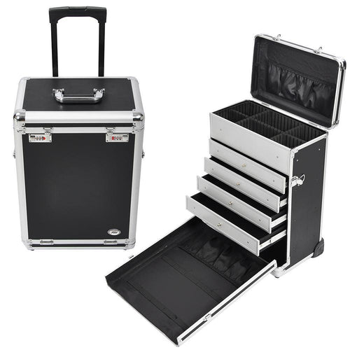 Pro Rolling Jewelry Makeup Case w/ Drawers Code Lock Aluminum Portable