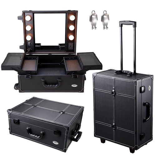Black Rolling Makeup Artist PVC Cosmetic 15x8x19' Case