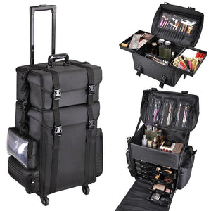 2in1 Black Soft Sided Rolling Makeup Case Oxford Fabric Cosmetic