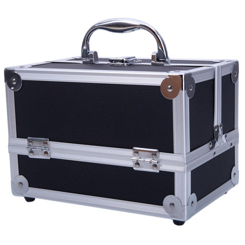 SM-2176 Aluminum Makeup Train Case Jewelry Box Cosmetic Organizer with Mirror 9"x6"x6" Black