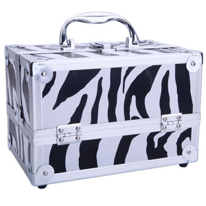 SM-2176 Aluminum Makeup Train Case Jewelry Box Cosmetic Organizer with Mirror 9&quot;x6&quot;x6&quot; White Zebra