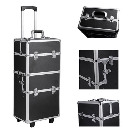 3-in-1 Draw-bar Box Design Portable Diamond Style Makeup Case Black