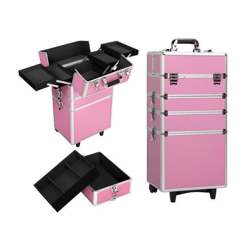 4-in-1 Draw-bar Style Interchangeable Aluminum Rolling Makeup Case Pink
