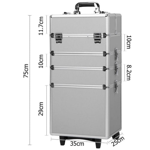 4-in-1 Draw-bar Style Interchangeable Aluminum Rolling Makeup Case Silver