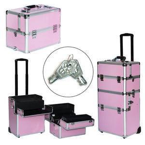 SM-7072 Pro 3-in-1 Aluminum Rolling Makeup Cosmetic Train Case Wheeled Box Pink