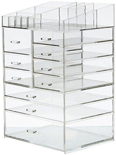 Budget friendly cq acrylic extra large 8 tier clear acrylic cosmetic makeup storage cube organizer with 10 drawers the top of the different size of the compartment suitable for storing lipstick and makeup brush