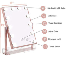 Load image into Gallery viewer, Products hollywood lighted vanity makeup mirror light up professional mirror with storage 3 color lighting modes large cosmetic mirror with 12 dimmable bulbs for dressing table