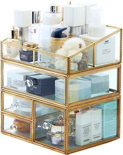 Shop here pengke x large gold makeup organizer clear jewelry and cosmetic storage case large capacity for beauty product organizer 4 drawer keep your vanity organized 10 5x8 1x12 5