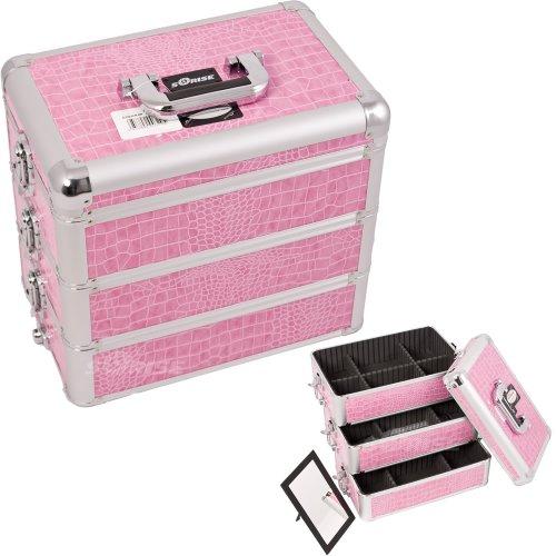 14.5 Inch Pink Crocodile Interchangeable E Series 3 Customize Removable Trays Aluminum Professional Artist Makeup Cosmetics Storage Organizer Travel Train Carry Case W/Mirror