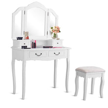 Load image into Gallery viewer, Amazon best charmaid vanity set with tri folding mirror and 4 drawers makeup dressing table with cushioned stool makeup vanity set for women girls bedroom makeup table and stool set white
