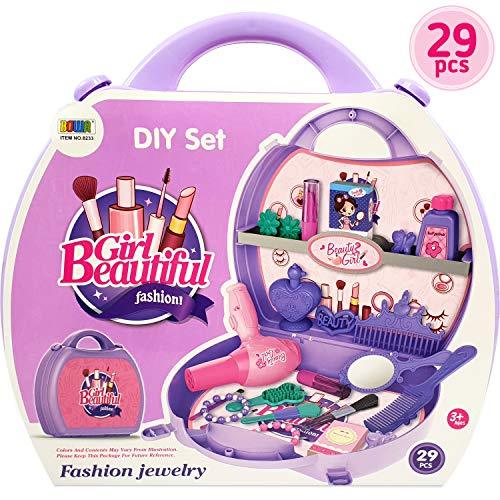 29 Pcs Pretend Makeup Kit For Girls Dress Up Cosmetics Set + Fashion Designer Vanity Case - Purple Pretend Play Makeup For Toddlers - Girl Beauty Salon Play Makeup Toy Set Hair Suitcase Dryer &Amp; Mirror