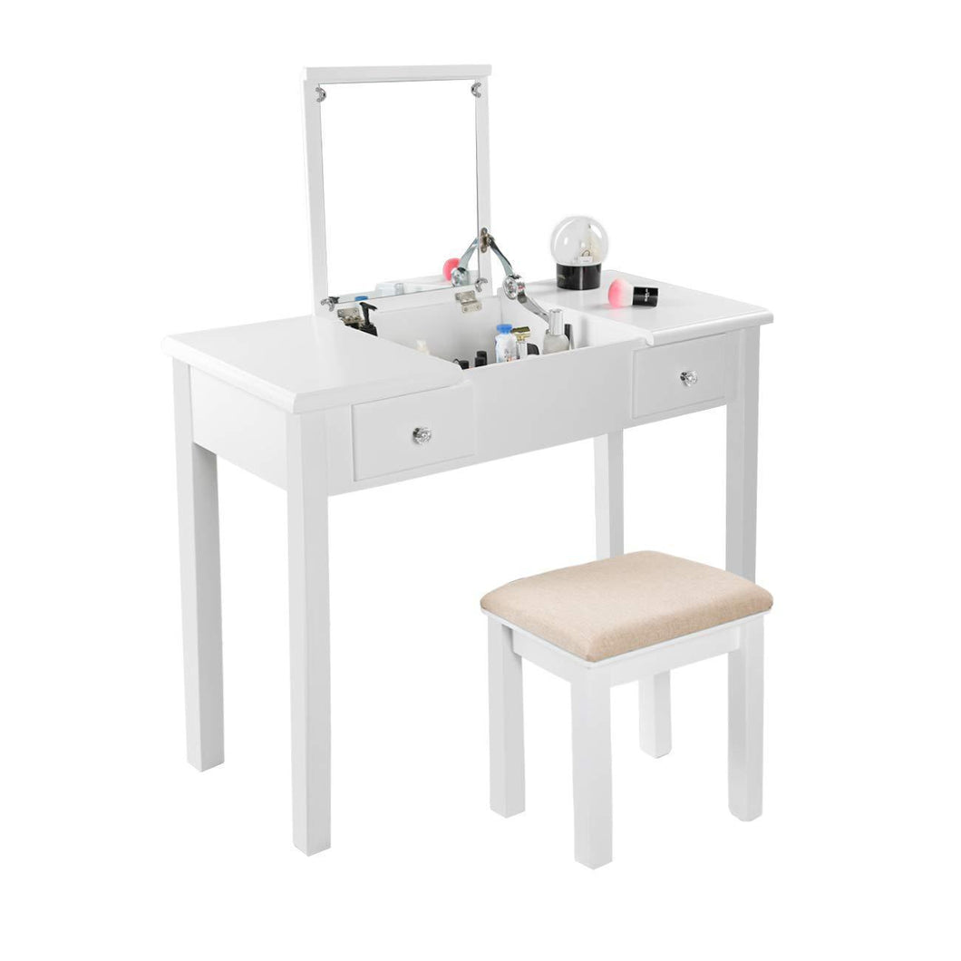 Amazon aodailihb vanity table with flip top mirror makeup dressing table writing desk with cushioning makeup stool set 2 drawers 3 removable organizers easy assembly white