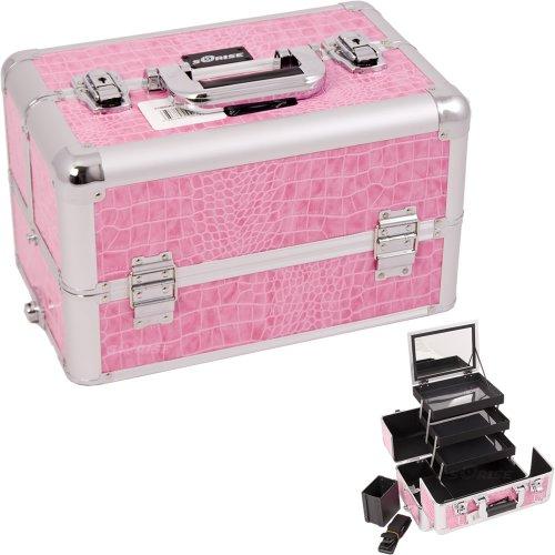 14.5 Inch Pink Crocodile Interchangeable E Series 3 Extended Tiers Aluminum Professional Makeup Artist Cosmetics Train Case Beauty Storage Organizer + Brush Holder + Mirror + Shoulder Strap