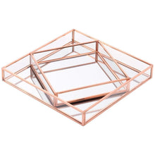 Load image into Gallery viewer, Best koyal wholesale glass mirror square trays vanity set of 2 rose gold decorative mirrored trays for coffee table bar cart dresser bathroom perfume makeup wedding centerpieces