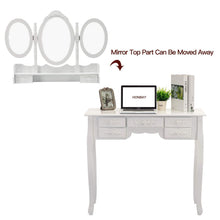 Load image into Gallery viewer, Kitchen honbay trifold mirrors makeup vanity table set cushioned stool and surprise gift makeup organizer with 7 drawers dressing table white