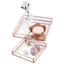 Load image into Gallery viewer, Budget koyal wholesale glass mirror square trays vanity set of 2 rose gold decorative mirrored trays for coffee table bar cart dresser bathroom perfume makeup wedding centerpieces