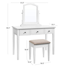 Load image into Gallery viewer, Exclusive vasagle vanity set with 3 big drawers dressing table with 1 stool makeup desk with large rotating mirror makeup and cosmetic storage multifunctional easy to assemble white urdt106wt