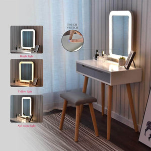 Featured vanity table set with adjustable brightness mirror and cushioned stool dressing table vanity makeup table with free make up organizer