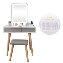 Load image into Gallery viewer, Discover the vanity table set with adjustable brightness mirror and cushioned stool dressing table vanity makeup table with free make up organizer