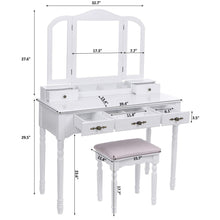 Load image into Gallery viewer, Best bewishome vanity set makeup dressing table and cushioned stool large tri folding mirror 5 drawers 2 dividers desktop makeup organizer makeup vanity desk for girls women white fst06w