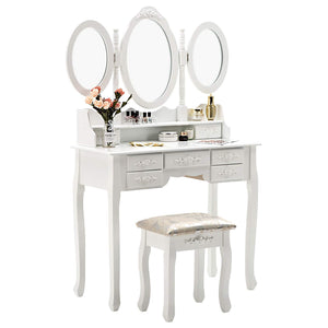 Online shopping honbay trifold mirrors makeup vanity table set cushioned stool and surprise gift makeup organizer with 7 drawers dressing table white