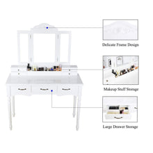 Load image into Gallery viewer, Storage organizer homecho makeup vanity table set removable tri folding mirror and 8 jewelry necklace hooks with 7 drawers and 6 makeup organizers dressing table with cushioned stool bedroom white color hmc md 011
