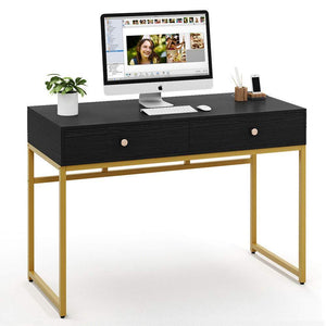 Shop for tribesigns computer desk modern simple home office gold desk study table writing desk workstation with 2 storage drawers makeup vanity console table 47 inch black