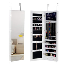 Load image into Gallery viewer, On amazon giantex wall door jewelry armoire cabinet with mirror 2 led lights auto on large storage wide mirrored 1 scarf rod 36 hooks 1 makeup pouch organizer for bedroom jewelry amoires w 2 drawers white
