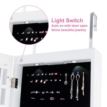 Load image into Gallery viewer, Organize with giantex wall door jewelry armoire cabinet with mirror 2 led lights auto on large storage wide mirrored 1 scarf rod 36 hooks 1 makeup pouch organizer for bedroom jewelry amoires w 2 drawers white