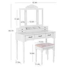 Load image into Gallery viewer, The best homecho makeup vanity table set removable tri folding mirror and 8 jewelry necklace hooks with 7 drawers and 6 makeup organizers dressing table with cushioned stool bedroom white color hmc md 011