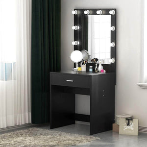 Budget friendly tribesigns vanity set with lighted mirror makeup vanity dressing table dresser desk with large drawer for bedroom black 10 cool led bulbs