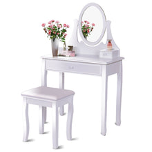 Load image into Gallery viewer, Try giantex vanity table set with 360 rotating round mirror makeup mirrored dressing table with cushioned stool 3 drawers bedroom vanities for women girls detachable mirror stand to be a desk white