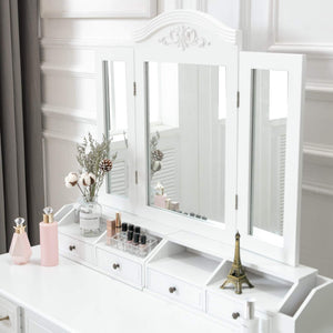Related honbay vanity set tri folding necklace hooked mirror 7 large drawers free organizer 2 makeup brush holders makeup dressing table with cushioned stool for women girls white