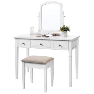 Get vasagle vanity set with 3 big drawers dressing table with 1 stool makeup desk with large rotating mirror makeup and cosmetic storage multifunctional easy to assemble white urdt106wt
