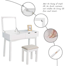 Load image into Gallery viewer, Results vanity beauty station dresing table vanity set with flip top mirror 1 large organization 2 drawers makeup dresser writing desk white flip mirror