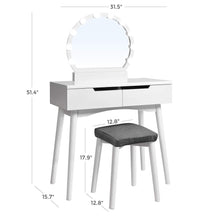 Load image into Gallery viewer, Storage vasagle vanity table set with 10 light bulbs and touch switch dressing makeup table desk with large round mirror 2 sliding drawers 1 cushioned stool for bedroom bathroom white urdt11wl