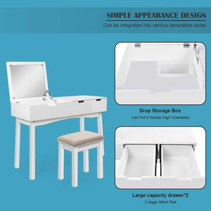 Save 39 17inch vanity dressing table set with flip top mirror makeup table writing desk 2 drawers 1 large storage space with drop organizers cushioned stool easy assembly white
