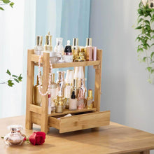 Load image into Gallery viewer, Storage pelyn makeup organizer cosmetic storage vanity shelf display stand rack with drawer ideal for bathroom sink countertop dresser natural bamboo