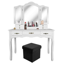 Load image into Gallery viewer, Shop for vanity beauty station tri folding necklace hooked mirrors 6 organization 7 drawers makeup dress table with cushioned stool and storage ottoman white