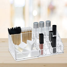 Load image into Gallery viewer, Related acrylic makeup organizer and holder storage for make up brushes lipstick and cosmetic supplies fits on counter top vanity or desk clear
