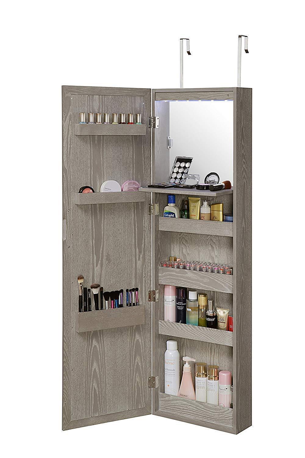 Storage organizer abington lane wall mounted over the door makeup organizer beauty armoire with led lights and stowaway mirror heathered grey