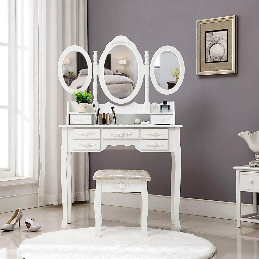 Heavy duty honbay trifold mirrors makeup vanity table set cushioned stool and surprise gift makeup organizer with 7 drawers dressing table white