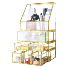 Load image into Gallery viewer, Shop here antique spacious mirror glass drawers set vanity dresser gold makeup storage stunning cube beauty display it consists of 4separate organizers dustproof for skincare pallete perfumes brushes makeup
